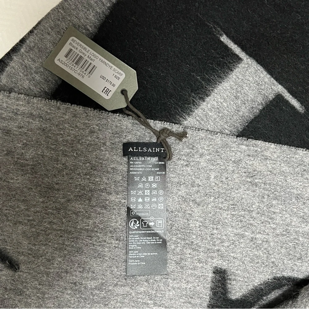 NWT ALLSAINT Dual 100% Wool Scarf in Grey/Black